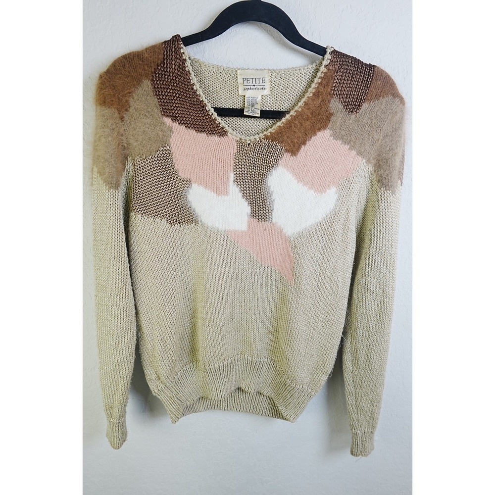 Vintage Petite Sophisticate Sweater Small Beige Colorblock Angora‎ Blend 80s